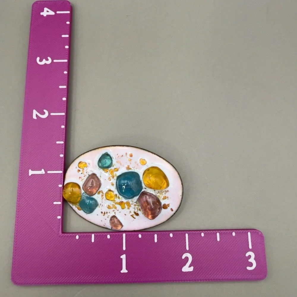Vintage Oval Enamel Brooch Multi Color Glass Cabochons Gold Flake Art Glass 2.25